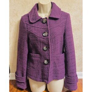 Sashimi Women Y2K Office Purple Textured Wool-Blend Button-Up Fitted Jacket M